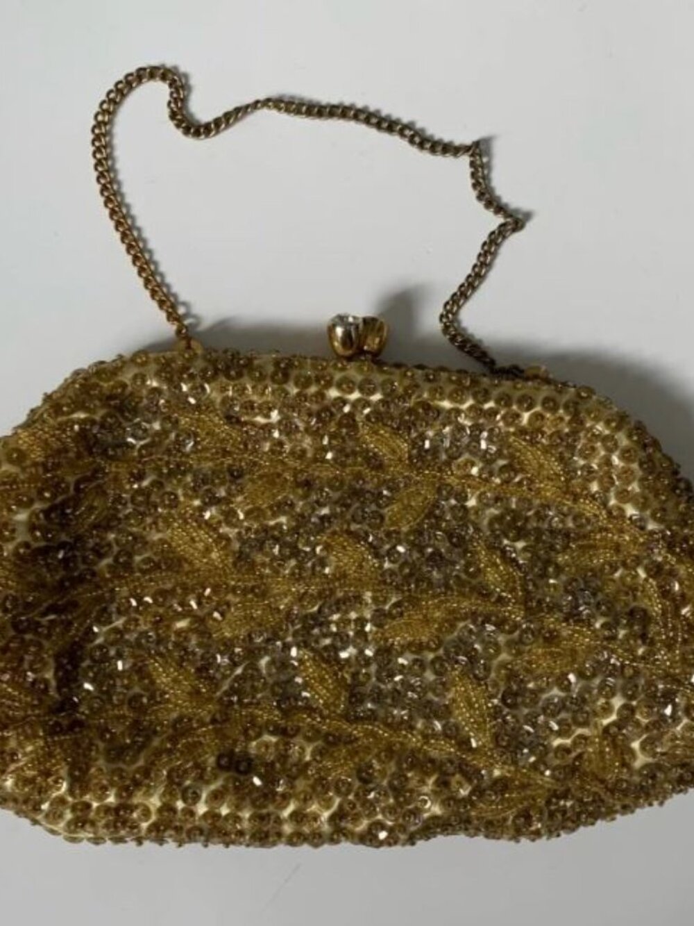 Vintage 1960s Gold Beaded Sequined Clutch Bag Evening Purse Rhinestone Clasp